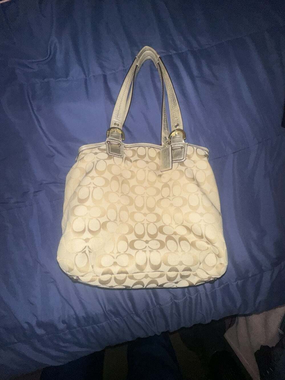 Coach Soho Signature Pleated Tote Bag in Khaki and Gold Leather